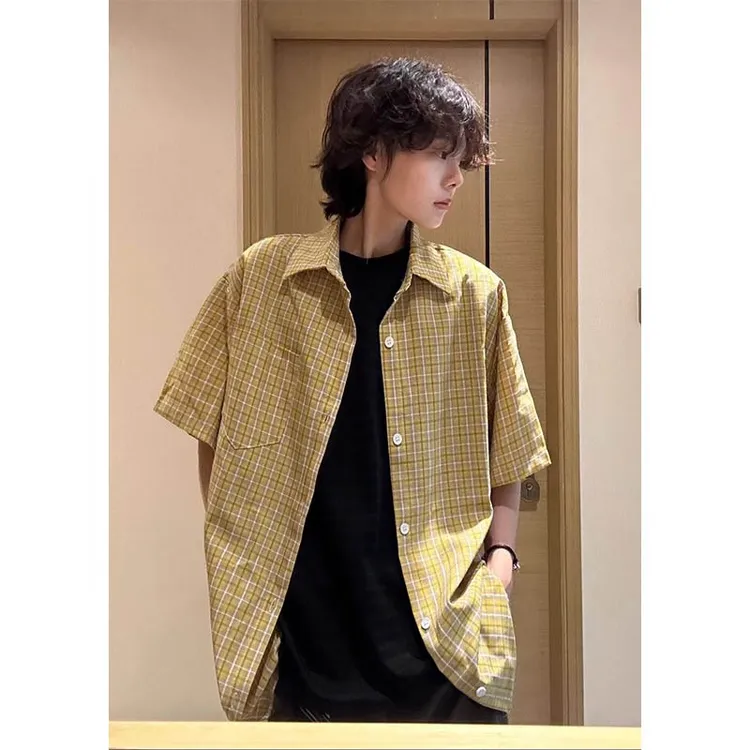 黄色格子短袖衬衫男夏季薄款ootd穿搭衬衣美式格纹情侣款宽松外套