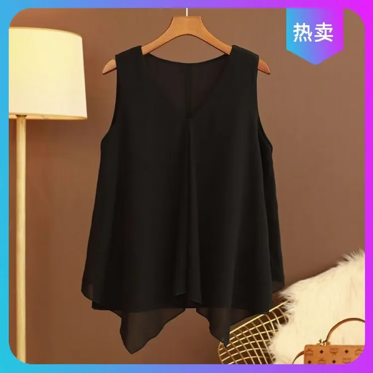 ins小香风大码吊带背心女V领百搭打底无袖宽松外穿内搭网纱上衣潮