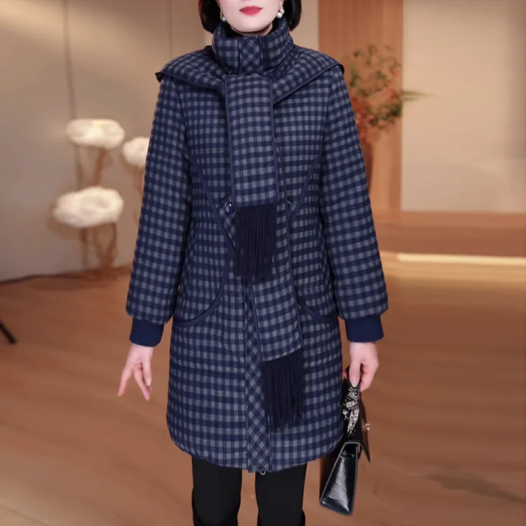连帽格纹宽松大码加厚棉服外套女2025冬季新款保暖简约中长款棉衣