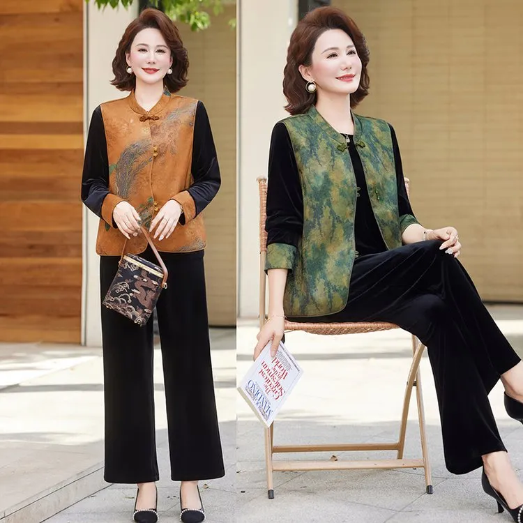 新中式妈妈秋装金丝绒套装2025新款中老年女装春秋马甲外套三件套