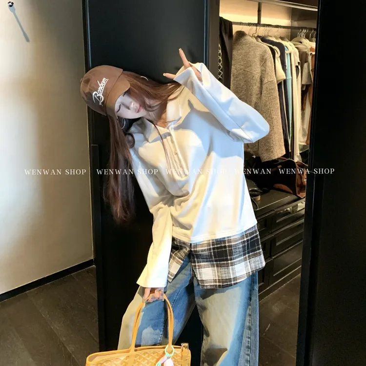 【质感买手店*】翻领格子拼接下摆宽松百搭卫衣