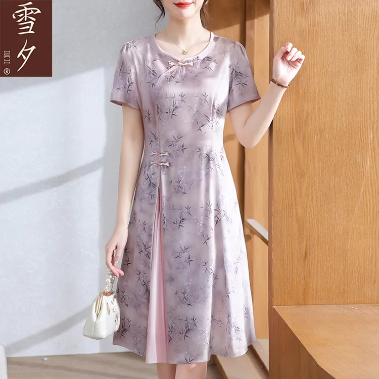 妈妈夏装短袖改良旗袍中老年女装洋气高贵连衣裙新中式雪纺气质裙