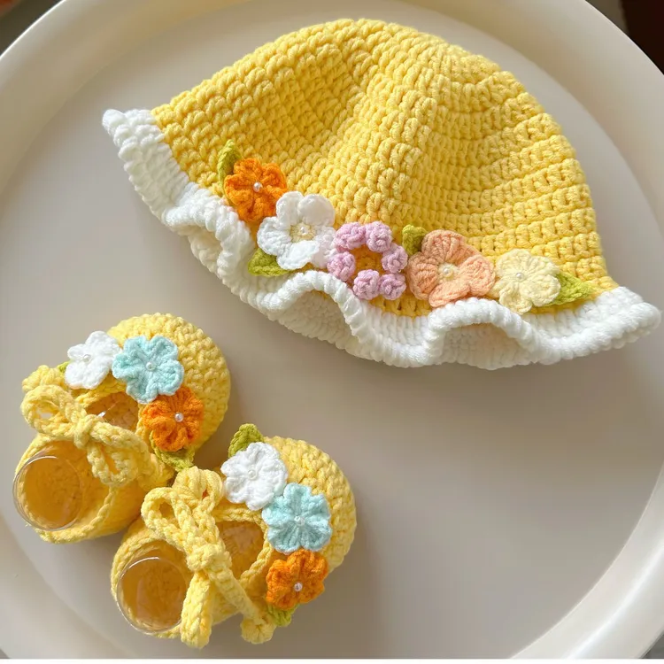珊珊喵手作 春季新款花朵毛线钩针diy宝宝鞋婴儿帽编织材料包礼物