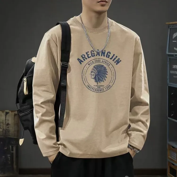 男士纯棉圆领长袖百搭上衣休闲港风圆领宽松打底衫