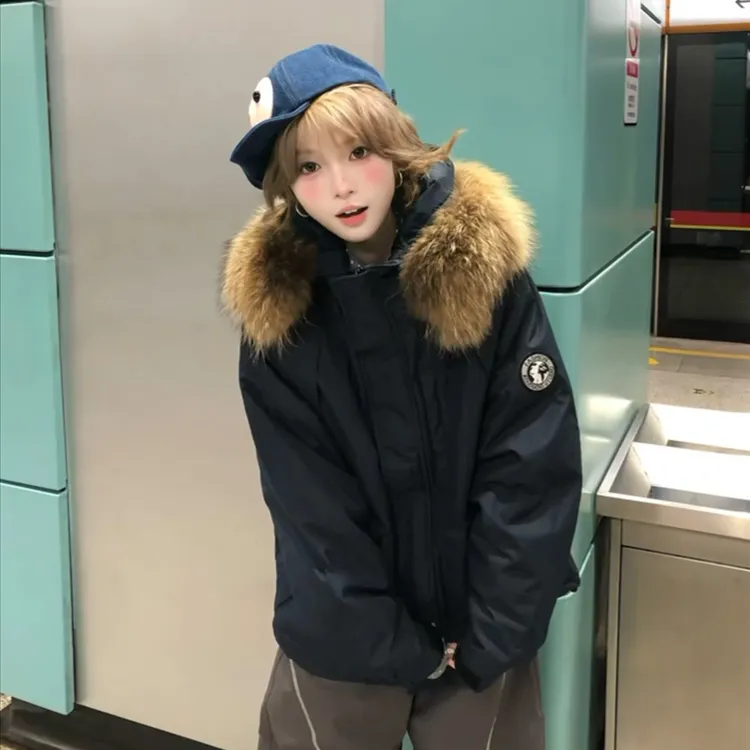 冬季穿搭工装棉服女2025年新款加厚棉衣大毛领派克服韩系棉袄外套