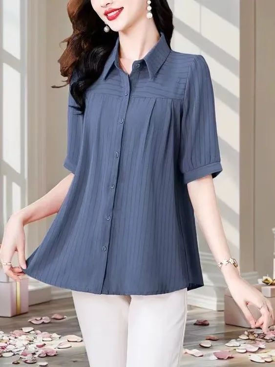 百搭夏季翻领轻熟风纽扣短袖衬衫时尚纯色减龄宽松显瘦薄款洋气