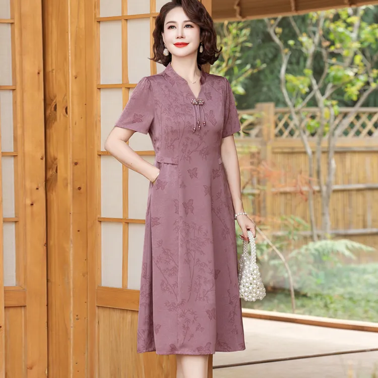 妈妈连衣裙高贵新中式旗袍遮肚显瘦中年女夏装大码中长款雪纺裙子