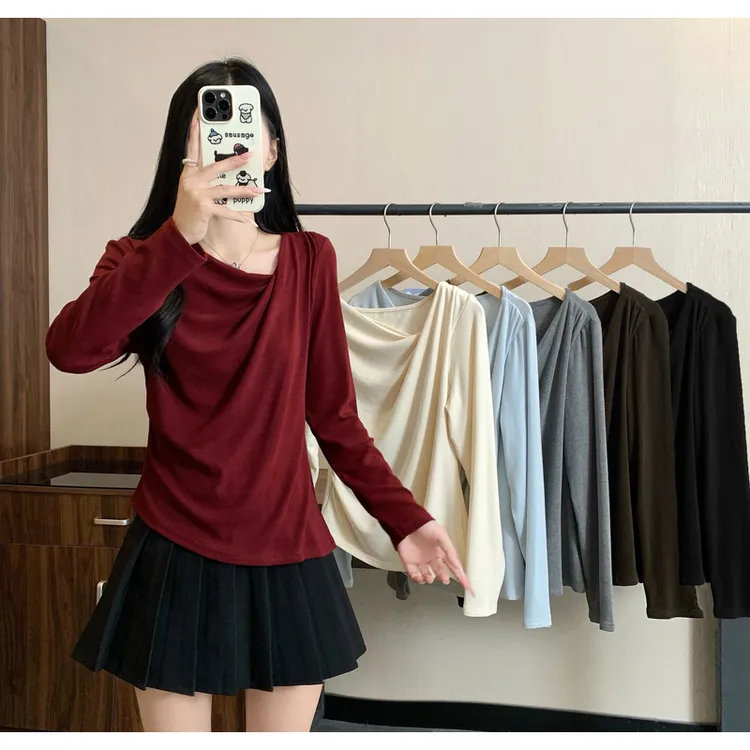 2025年大码女装设计感不规则褶皱长袖T恤3769