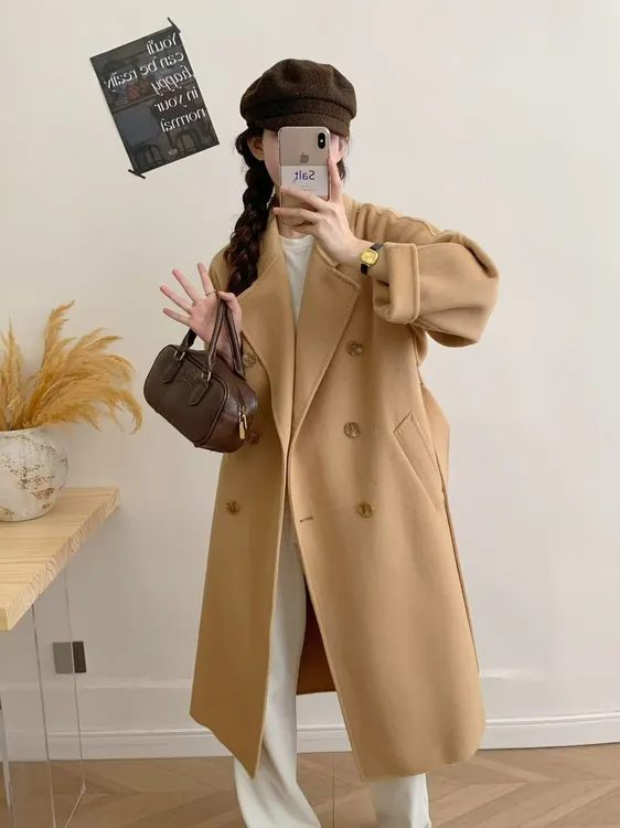 秋冬羊毛大衣801款韩版宽松中长款双排扣气质百搭毛呢外套双面呢