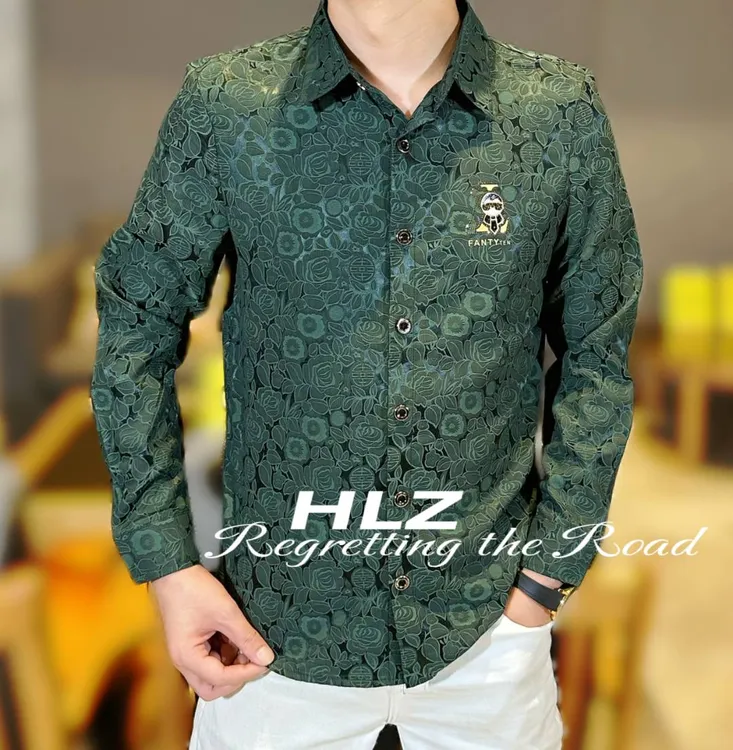 2025早秋新款修身男士休闲潮流双面雕花提花纽扣款翻领长袖衬衫