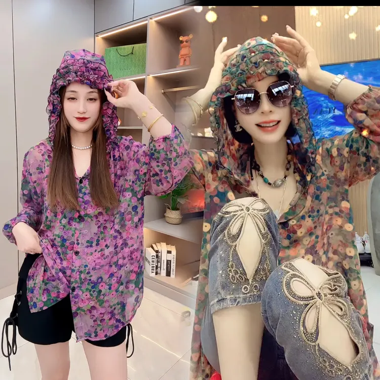 网红爆款夏季碎花连帽上衣宽松显瘦防晒衬衫外穿女士小衫