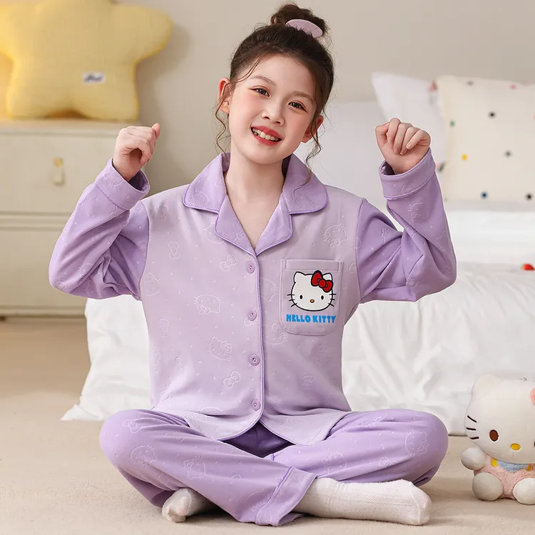 儿童睡衣秋冬季拉架德绒翻领开衫套装女童小童卡通KT猫保暖家居服