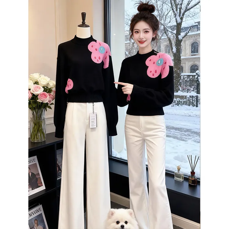 法式花朵圆领套头毛衣女2026新款秋冬季新款加厚慵懒风针织衫上衣