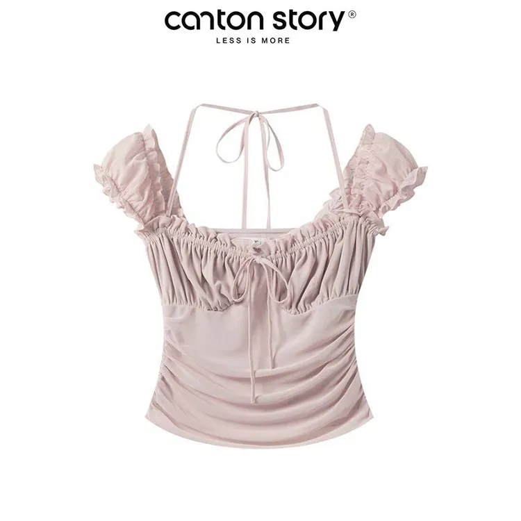 羊城故事 法式粉色挂脖吊带短袖t恤夏新款纯欲收腰上衣 Y50449406