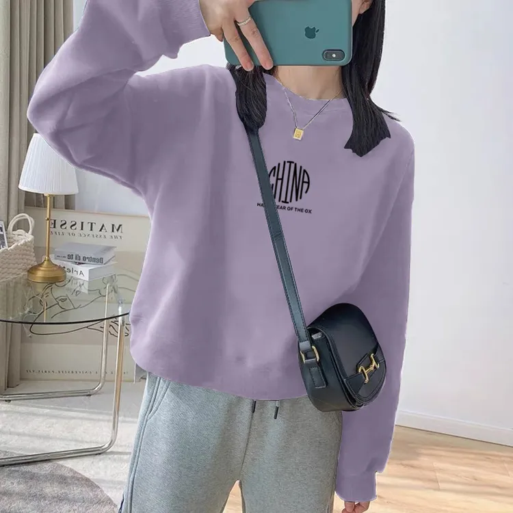 圆领套头短款紫色卫衣女加绒加厚秋冬上衣宽松高腰显瘦小个子春秋