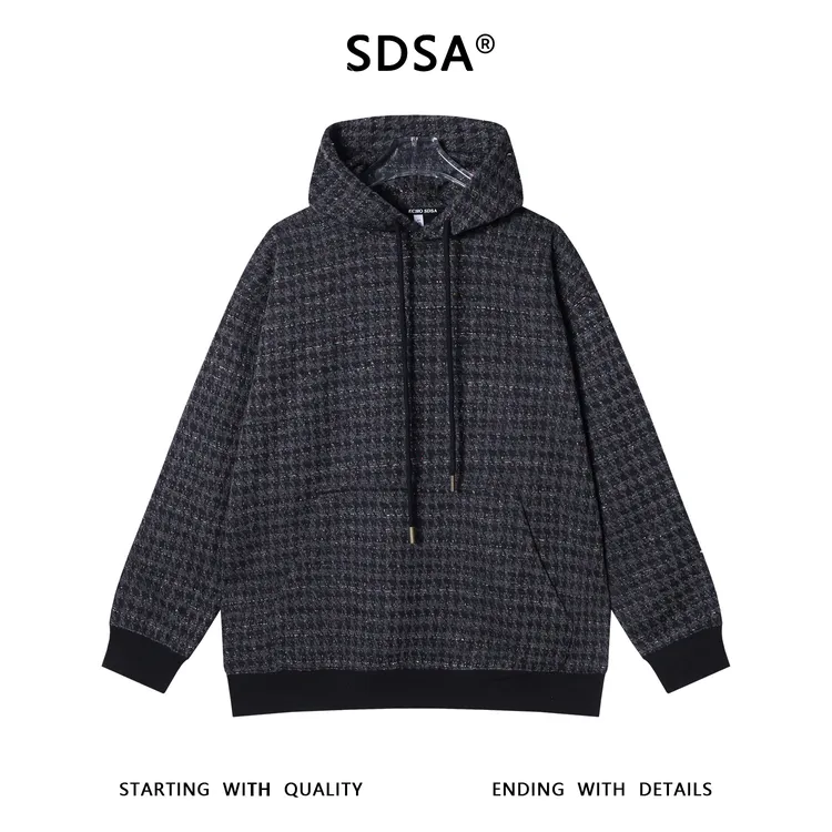SDSA男士秋冬新款痞帅男装美式高街千鸟格抽绳连帽卫衣百搭网红款