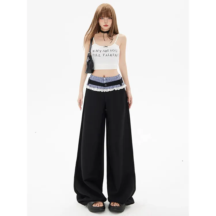 NORNLGGER 拼接花边裤子女春季双腰头假两件西装裤直筒宽松休闲裤