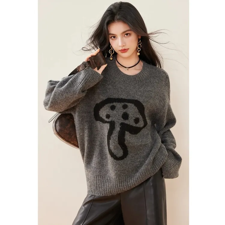 欧货毛衣蘑菇慵懒风上衣落肩袖毛衣纯色针织圆领