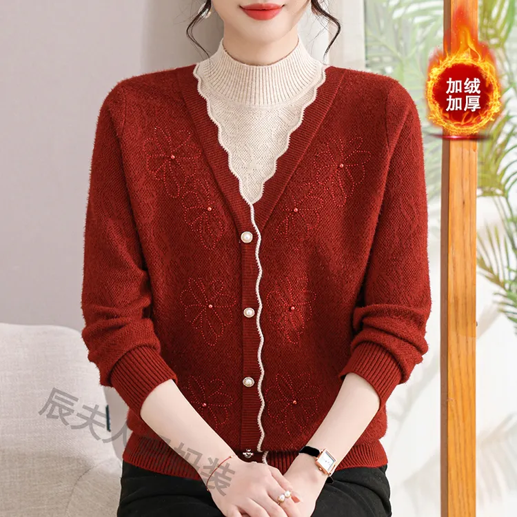 妈妈装加绒加厚半高领毛衣秋冬新款洋气花边衣服中老年女气质上衣