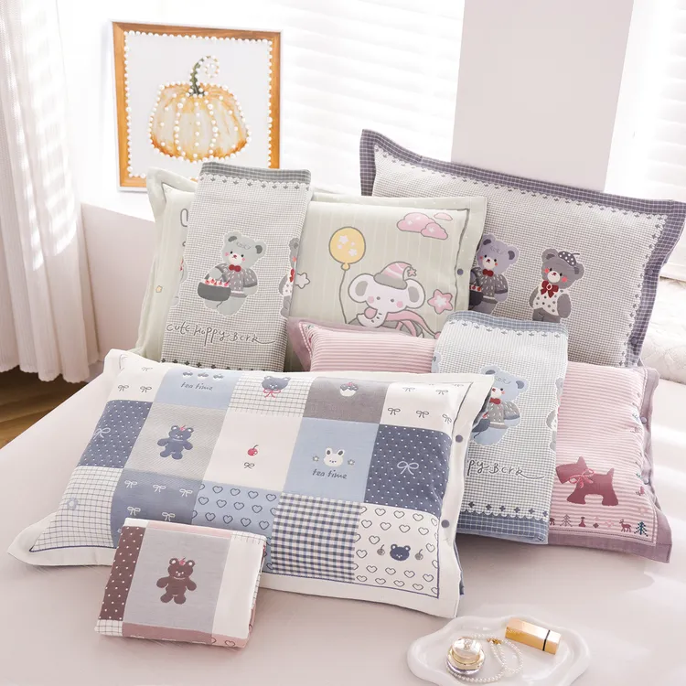 纯棉纱布按扣枕套一对装卡通儿童中号枕头套防脱落全棉枕芯内胆套