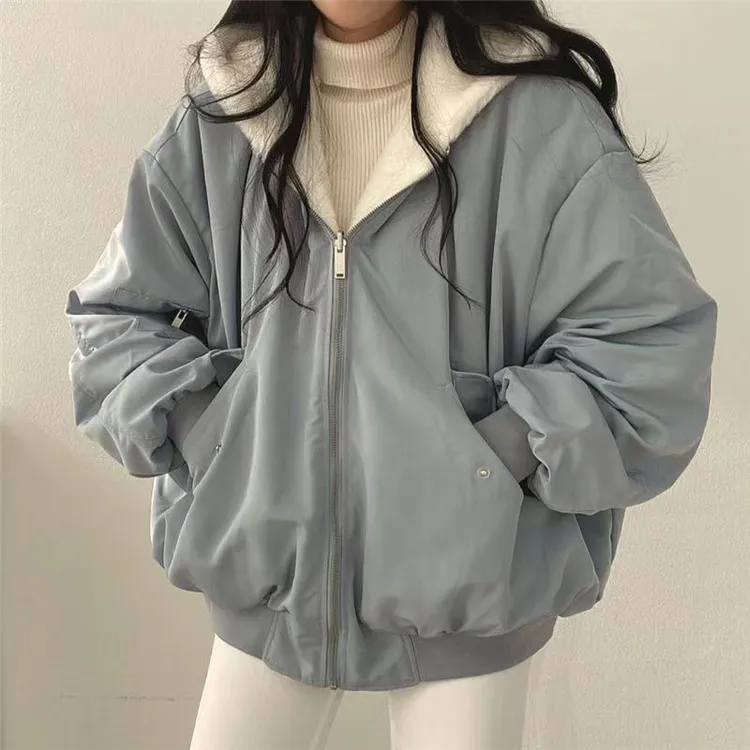 韩版加绒加厚两面穿仿羊羔绒棉服女装外套秋冬季新款拉链连帽棉衣
