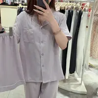 春夏情侣款云朵棉睡衣短袖三件套纯色简约绣花柔软透气套装1794