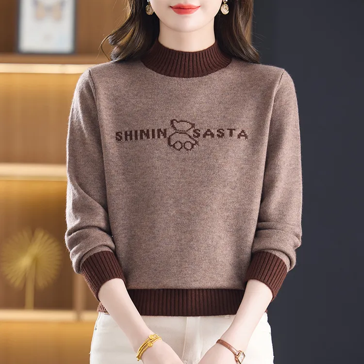 撞色冬季套头针织宽松显瘦百搭减龄半高领提花小熊妈妈衫C8115