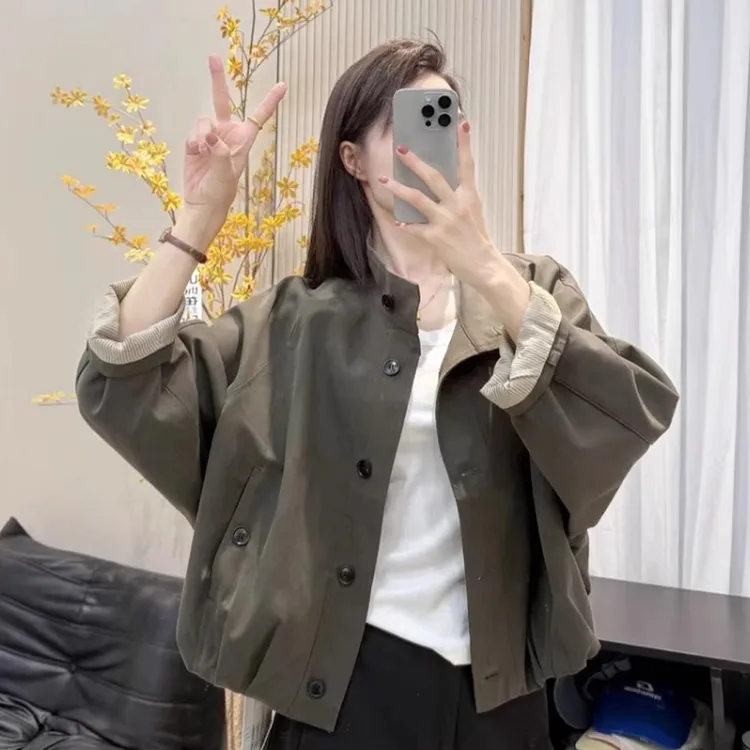 立领夹克外套女秋季新款宽松大码休闲高级感内里条纹短款风衣上衣