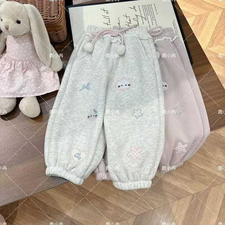 【鹿小冉】深秋女童刺绣一体绒卫裤秋款加绒休闲裤6029