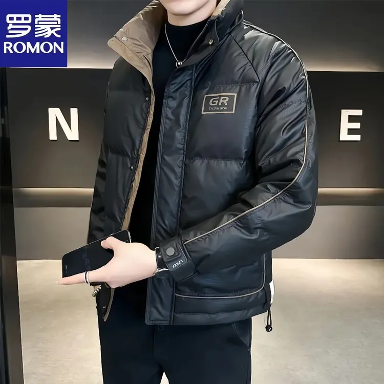 罗蒙时尚高级感拼色秋冬男士休闲羽绒服冬季新款加厚潮流短款棉袄