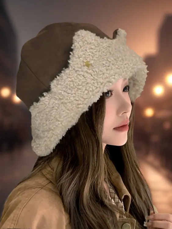 2025冬季新款可爱猫耳毛绒雷锋帽子女大头围显脸小保暖护耳套头帽