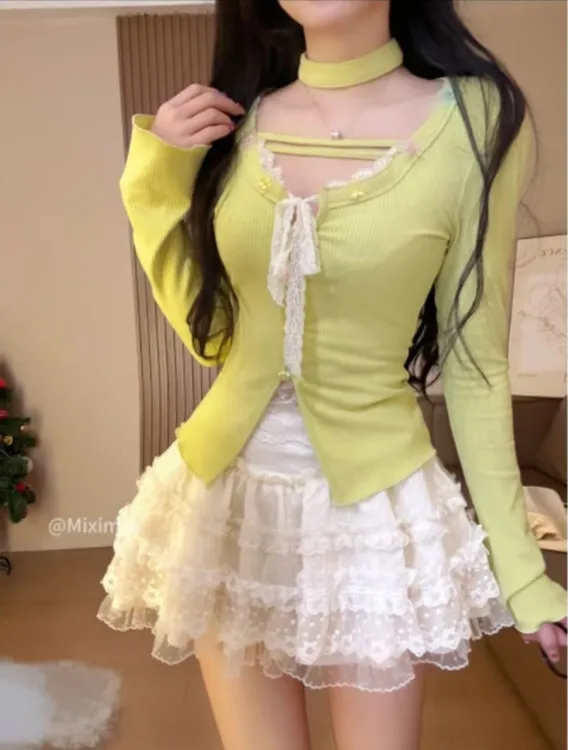 瑞茜·威瑟斯宝藏绿洲  春夏甜辣显瘦修身镂空长袖上衣半裙套装