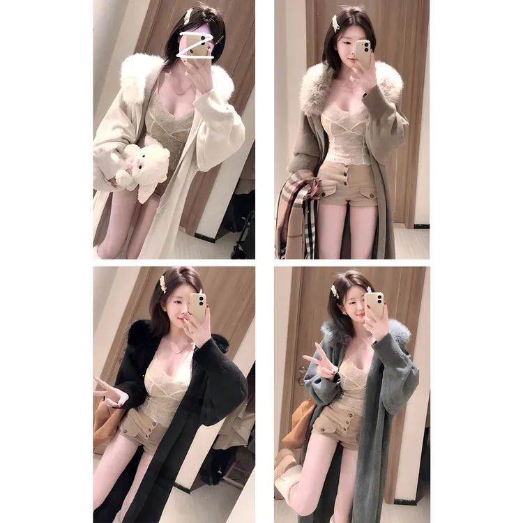 毛毛领外套长款风衣秋冬季针织开衫毛衣女装加厚大衣宽松时尚韩版