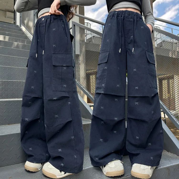 女童秋季藏青色工装裤2025新款大童洋气时髦直筒裤休闲宽松阔腿裤