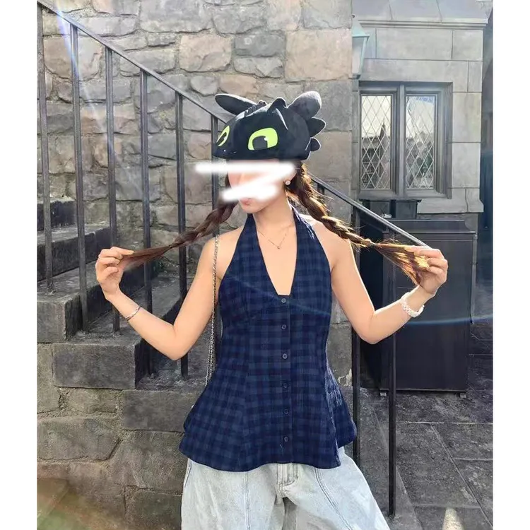 夏季法式简约条纹拼接挂脖系带时尚修身显瘦休闲百搭露背上衣女