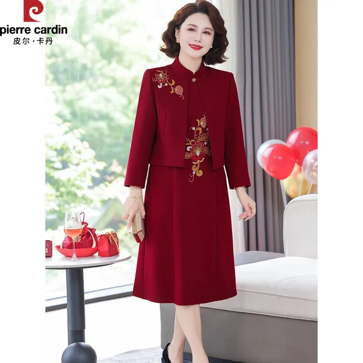 皮尔卡丹妈妈婚宴装秋秋冬季连衣裙两件套新款喜服喜婆婆妈妈装