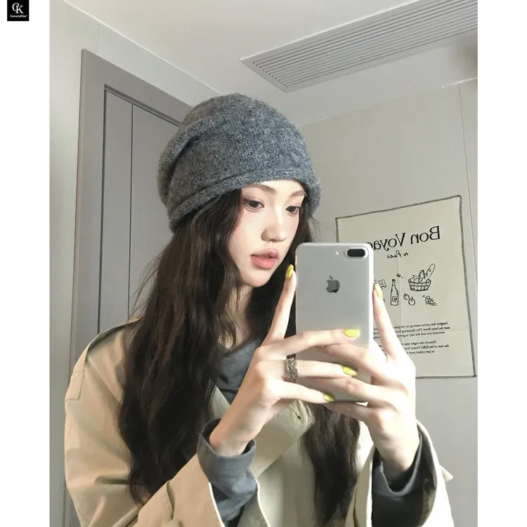 CanaryKiss纯色羊毛针织冷帽秋冬堆堆帽素颜百搭大帽型显脸小帽子