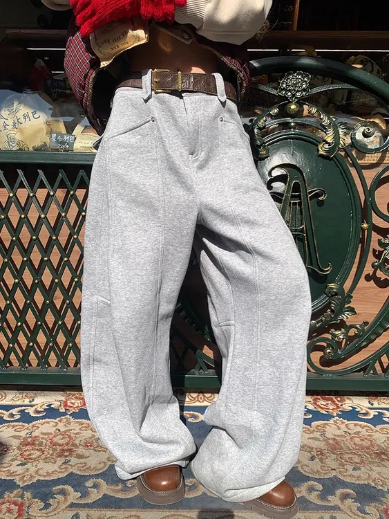 BINXLAN美式高级感弯刀休闲裤子男女宽松阔腿直筒垂感运动卫裤