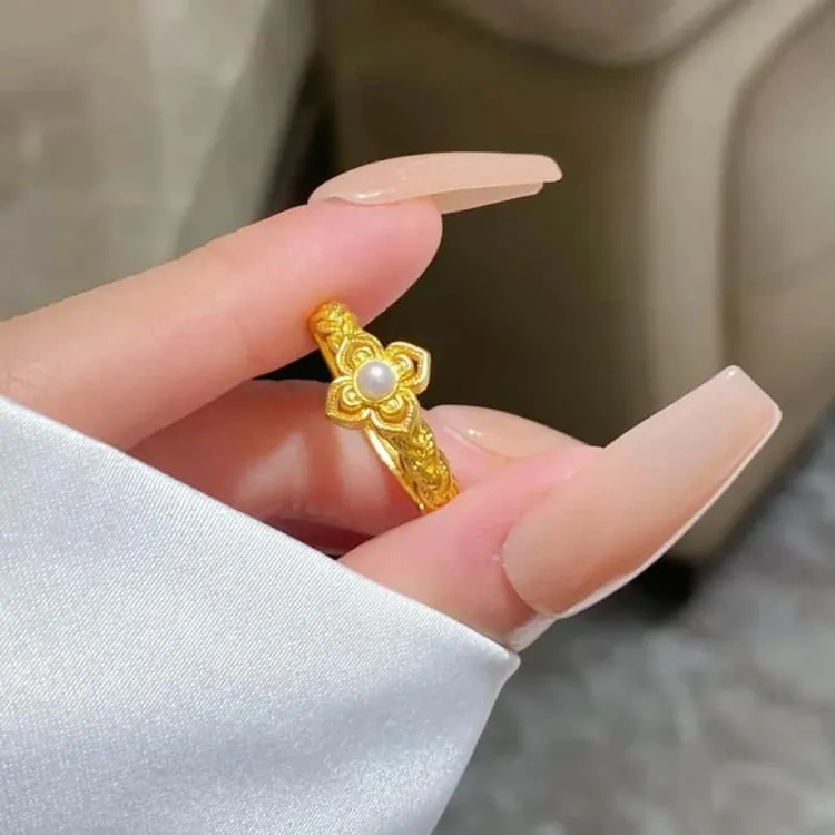 合金项链 新中式金色花丝四照花珍珠戒指项链甜美四叶花开口指环