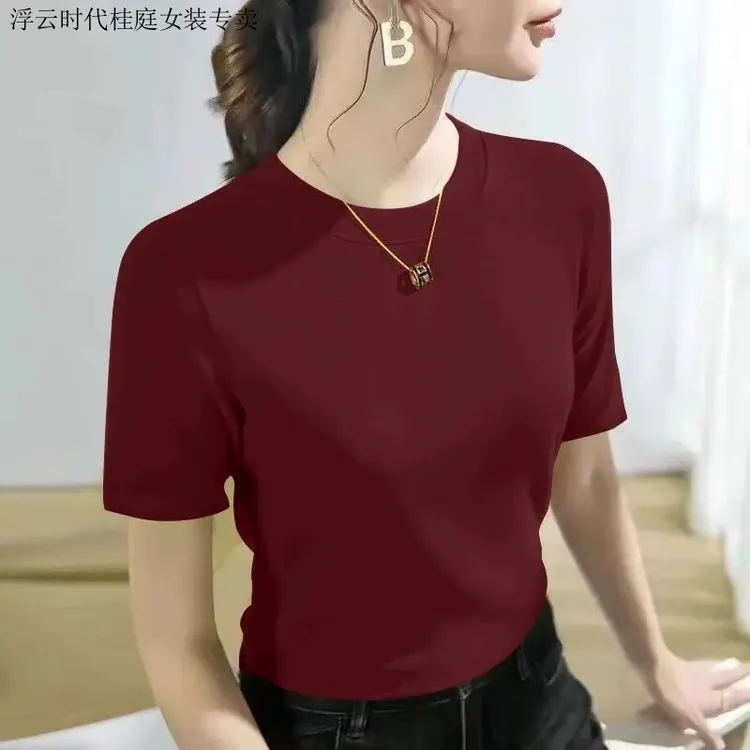 2025修身显瘦百搭气质时尚显瘦高端螺纹体恤上衣短袖T恤夏季新款