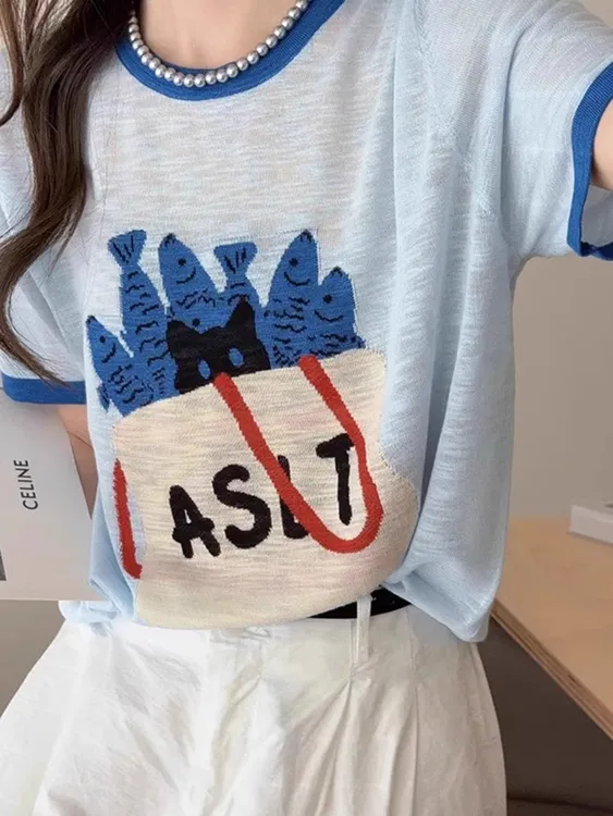 蓝色卡通薄款冰丝短袖T恤韩系大码显瘦上衣竹节麻2025夏季百搭ins