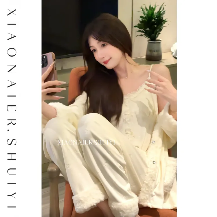 【贵贵千金】秋冬海岛绒三件套长袖长裤显瘦高级气质可外穿套装