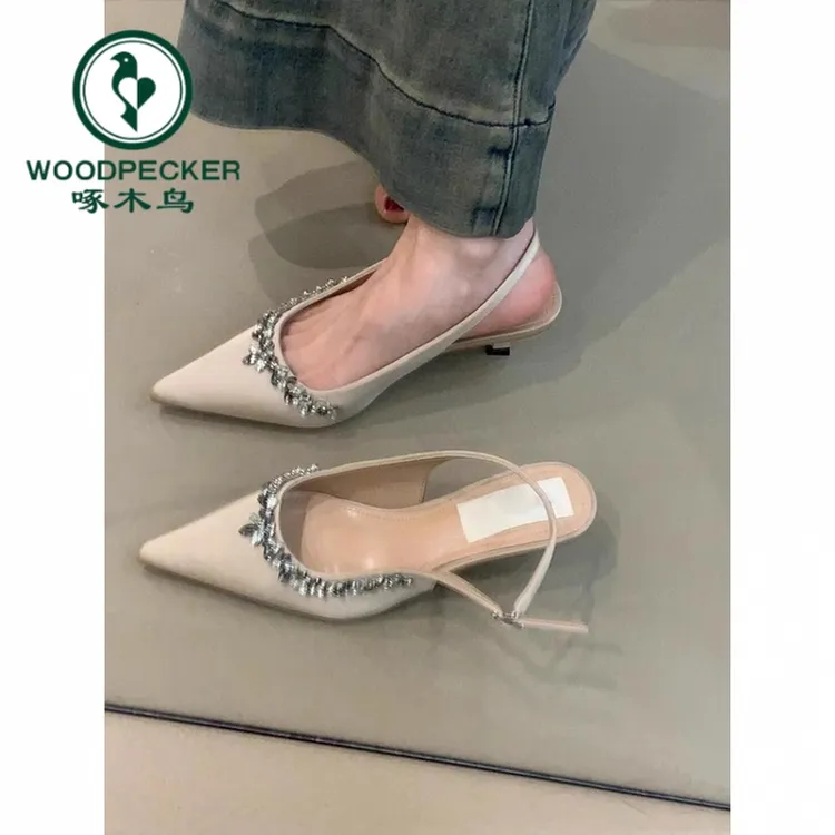 啄木鸟水钻高跟鞋女一脚蹬仙气包头凉鞋女后绊带尖头春夏气质单鞋