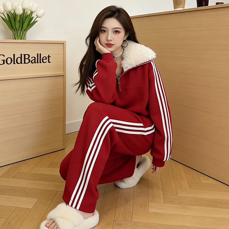 韩版运动套装女秋冬季新款加绒加厚毛领红色卫衣阔腿裤两件套显瘦