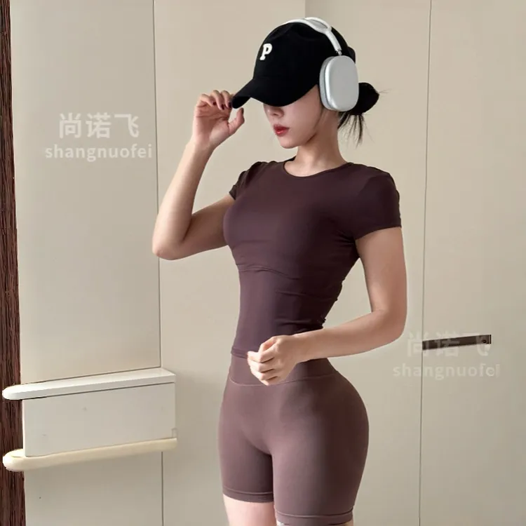 尚诺飞百搭修身圆领瑜伽服专业运动t桖短袖弹力透气健身服上衣女