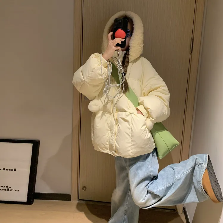 奶油黄连帽羊羔毛领棉服女冬2025年新款宽松保暖小个子短款面包服