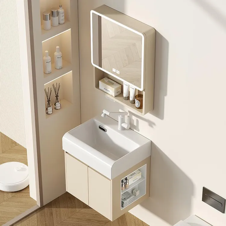 小户型蜂窝铝浴室柜组合带侧边收纳格陶瓷一体池加深洗手盆洗漱台