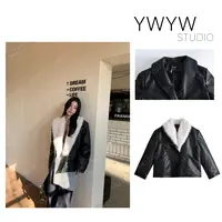 【YWYW25F/W】气质风纯色拼毛领皮衣保暖夹棉宽松皮外套5992