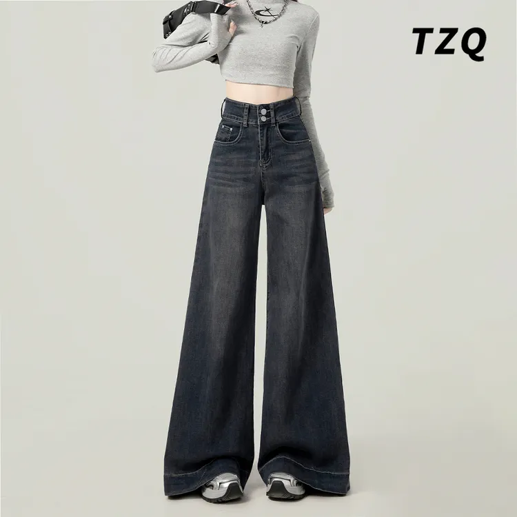 设计感高腰双扣复古阔腿裤女2025新款秋季加绒百搭拖地百搭牛仔裤