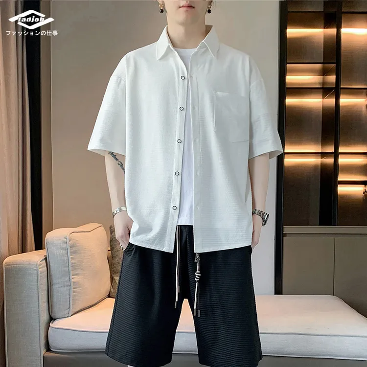 拓森人新款夏季潮流宽松男士套装短袖衬衫提花冰丝短裤休闲两件套